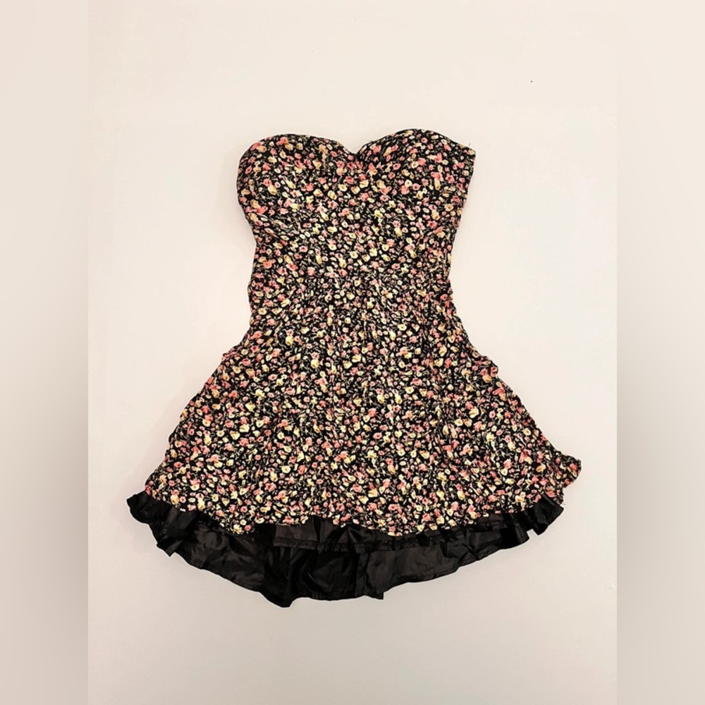 strapless floral black mini dress